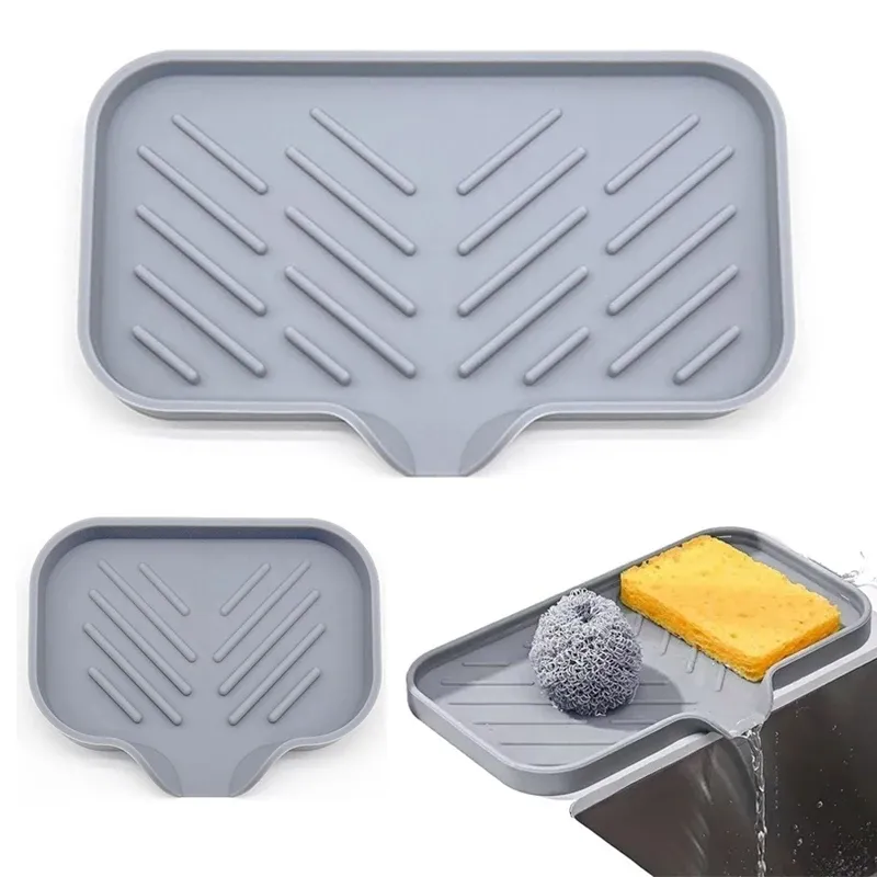 Plateau en silicone pour évier de cuisine avec bonde, porte-éponge et savon, organisateur de comptoir avec brosse à récurer, lot de 2 - Image 1