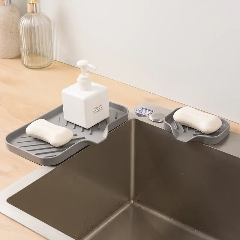 Plateau en silicone pour évier de cuisine avec bonde, porte-éponge et savon, organisateur de comptoir avec brosse à récurer, lot de 2 5