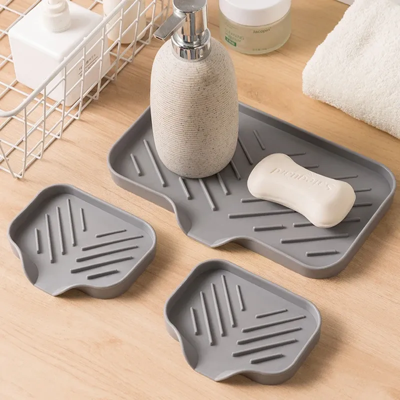 Plateau en silicone pour évier de cuisine avec bonde, porte-éponge et savon, organisateur de comptoir avec brosse à récurer, lot de 2 6