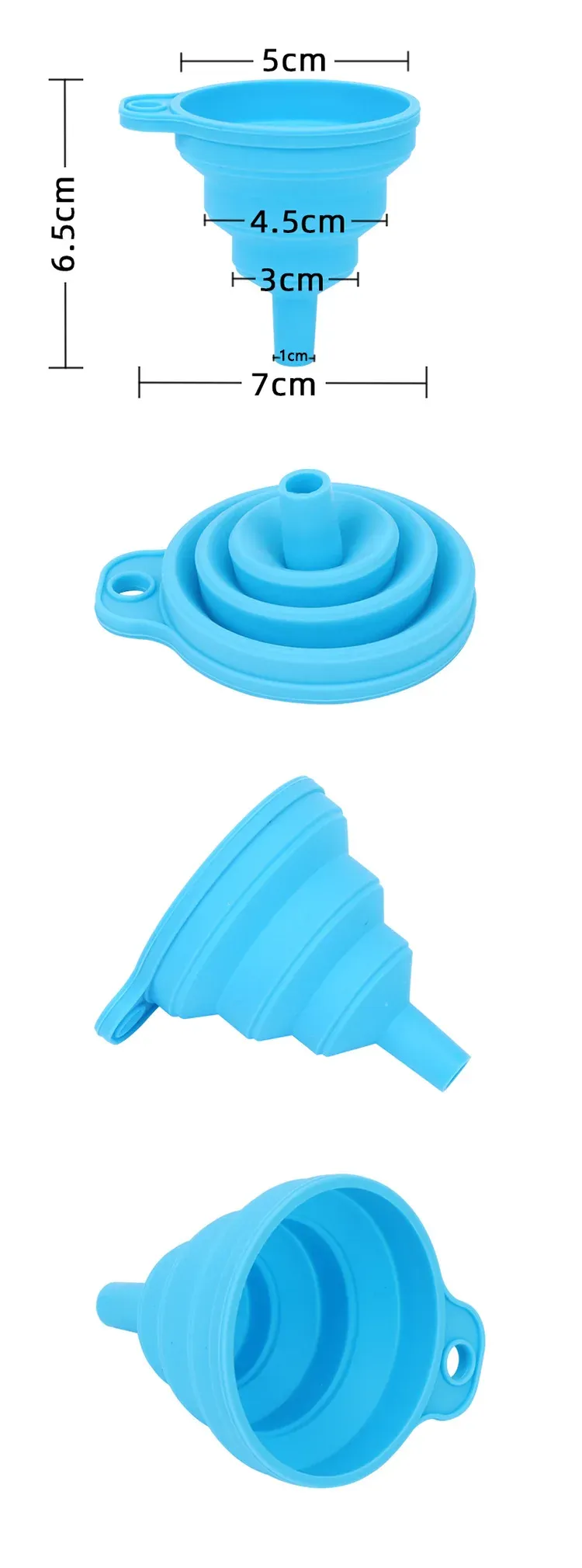 Entonnoir pliable en silicone, présentation verticale