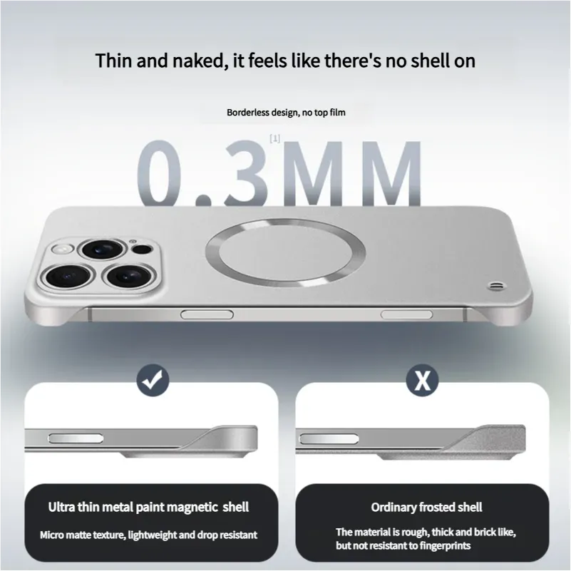 Coque magnétique MagSafe ultra-fine en PC à finition métallisée pour iPhone 18, 17, Air, 16, 15, 14, 13, 12, Pro, Pro Max et Plus, design sans cadre 5