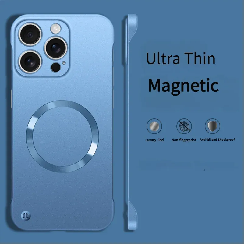 Coque magnétique MagSafe ultra-fine en PC à finition métallisée pour iPhone 18, 17, Air, 16, 15, 14, 13, 12, Pro, Pro Max et Plus, design sans cadre 11