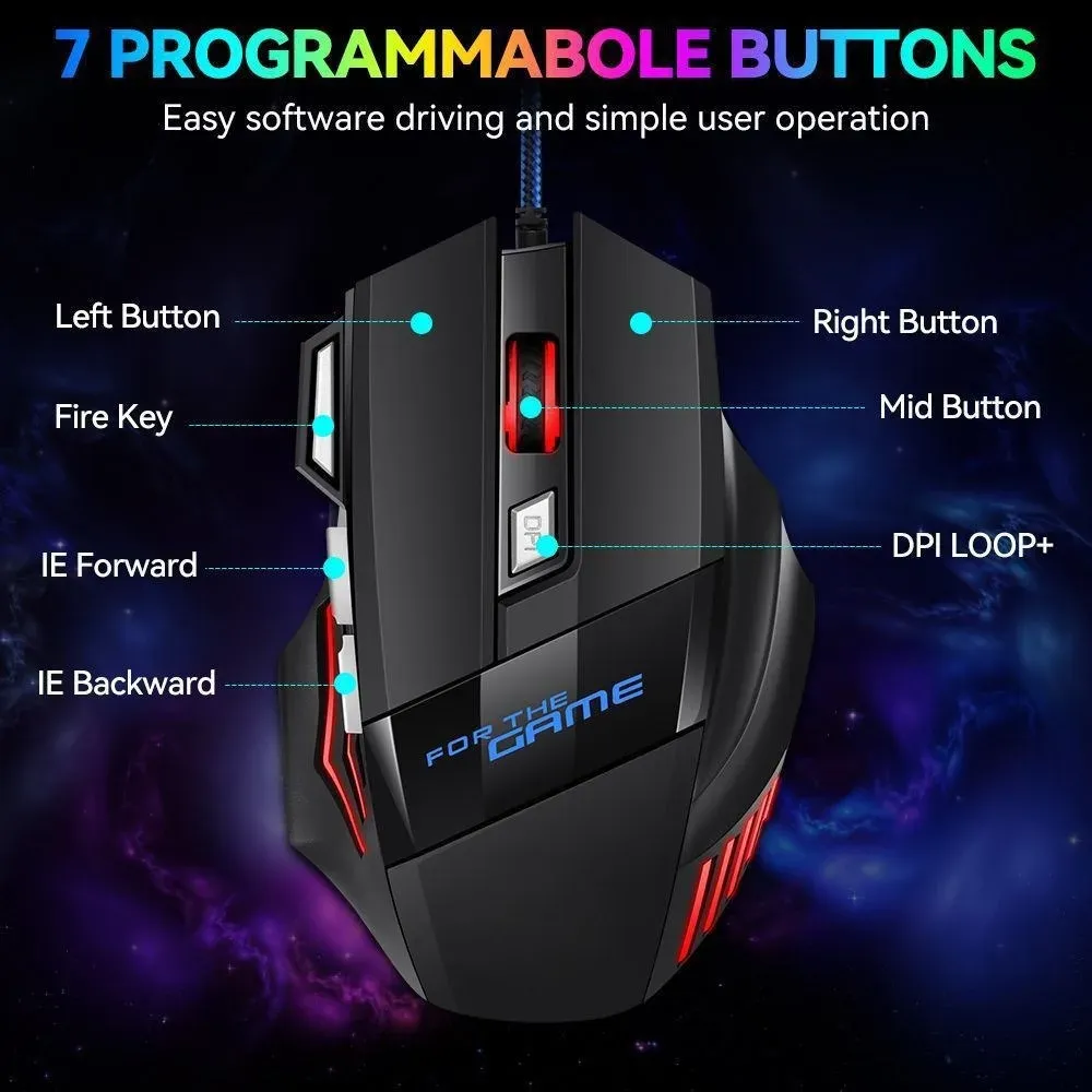 Souris de jeu filaire USB ergonomique RVB rétroéclairée, 7 boutons, pour ordinateur portable et PC gamer 3