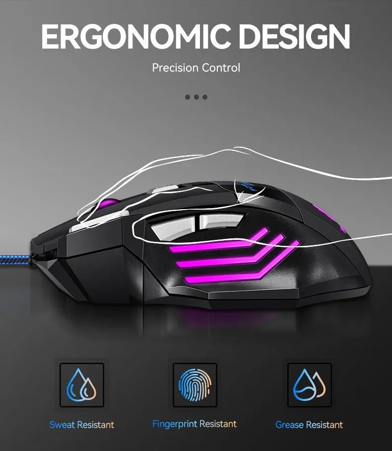 Souris de jeu filaire USB ergonomique RVB rétroéclairée, 7 boutons, pour ordinateur portable et PC gamer 5