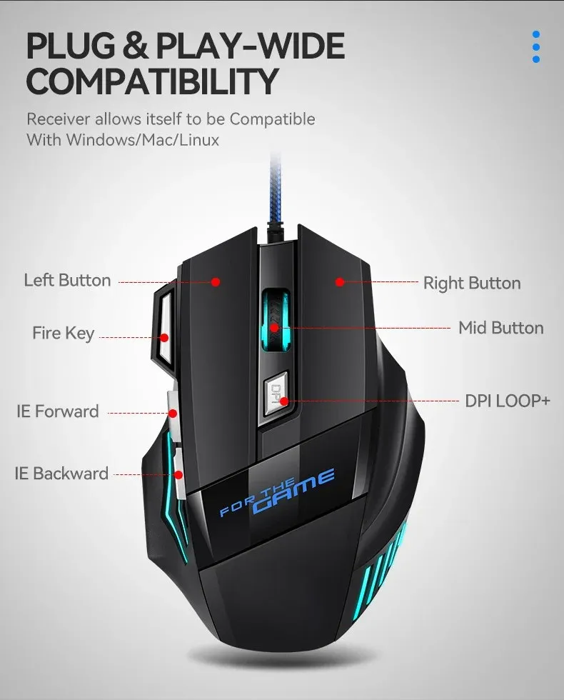 Souris de jeu filaire USB ergonomique RVB rétroéclairée, 7 boutons, pour ordinateur portable et PC gamer 6