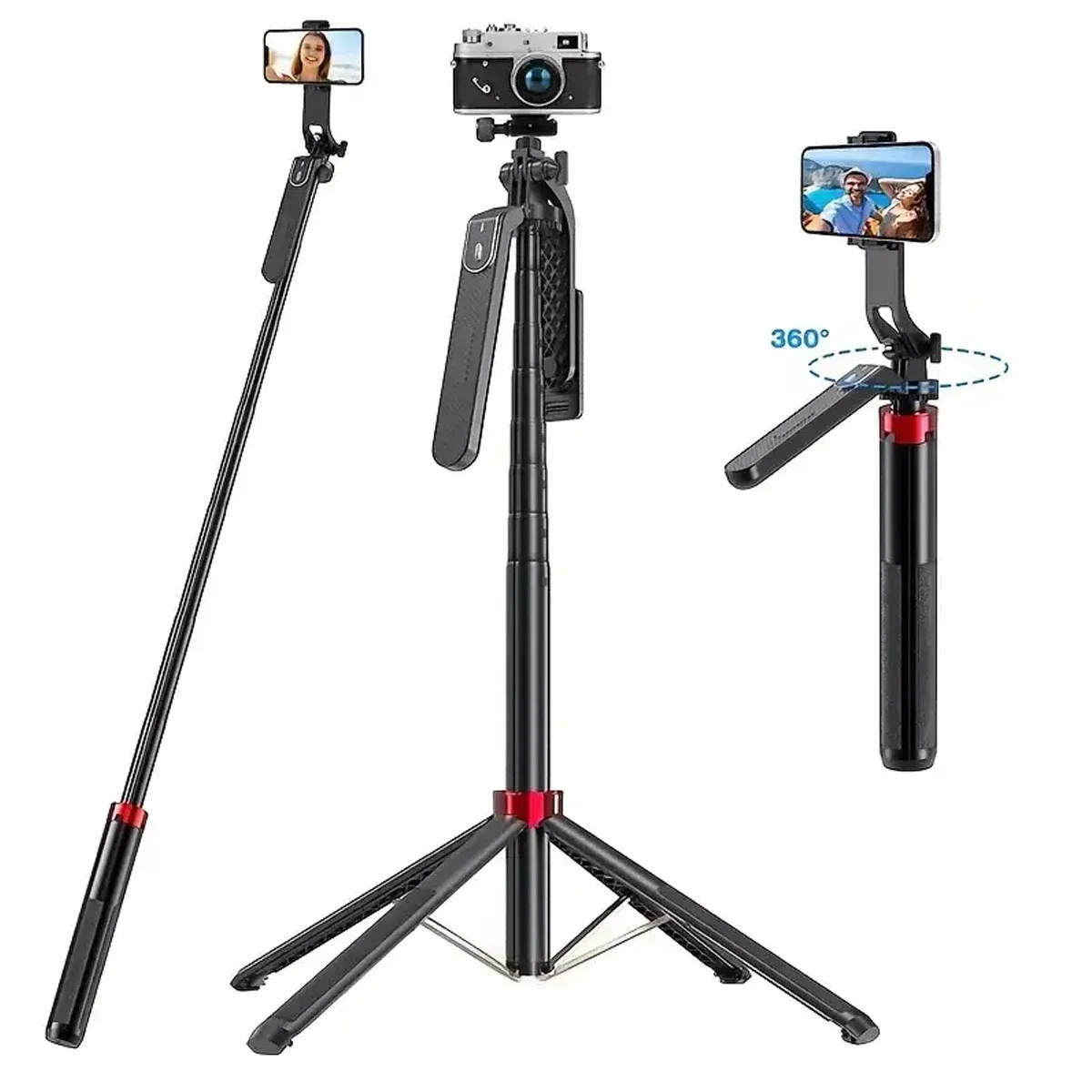 Trépied portable pour appareil photo avec télécommande sans fil et rotation à 360° pour enregistrement vidéo et diffusion en direct 3