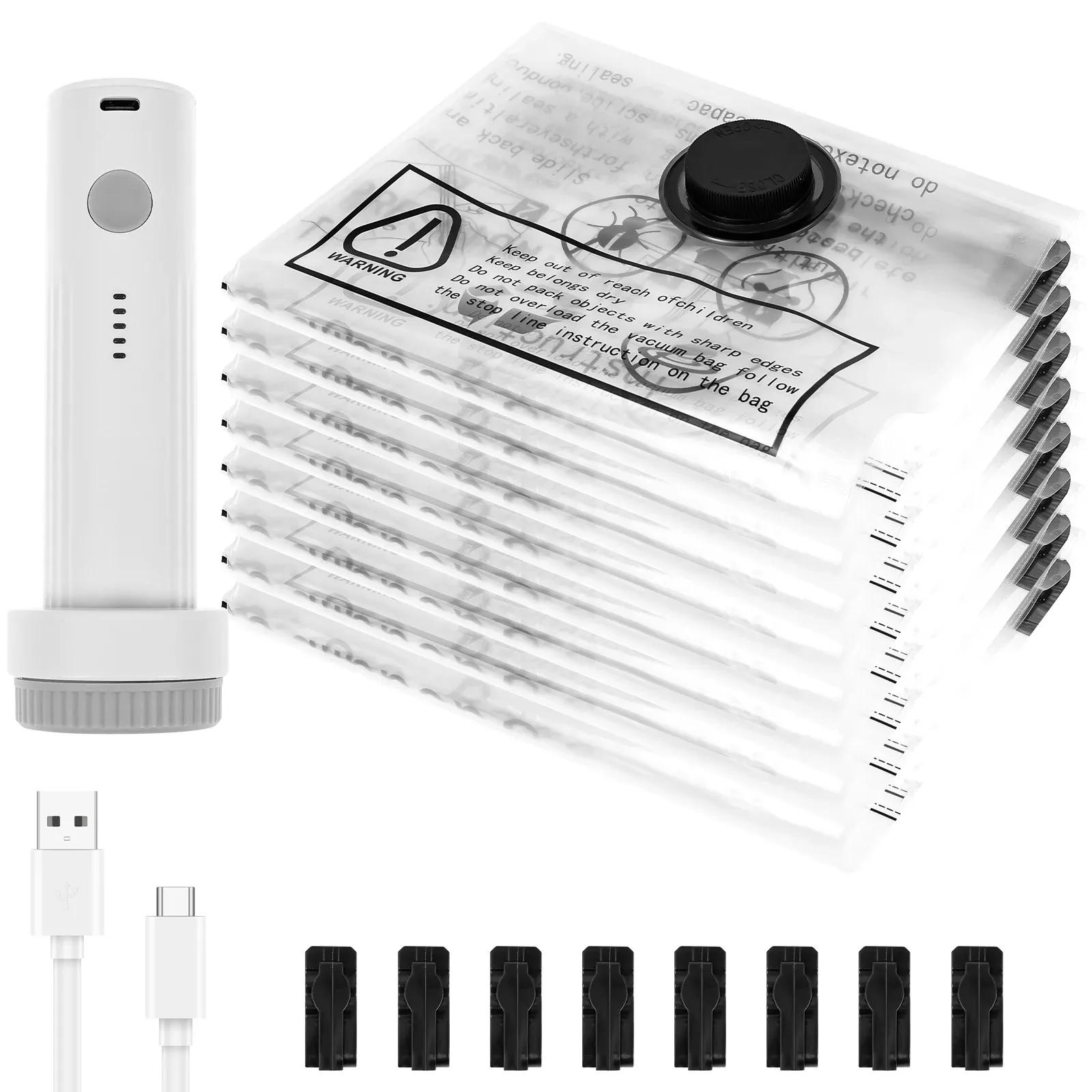 Sacs de rangement sous vide avec pompe électrique USB, lot de 8, compression rapide, double fermeture éclair, sacs de compression à triple joint pour bagages 7