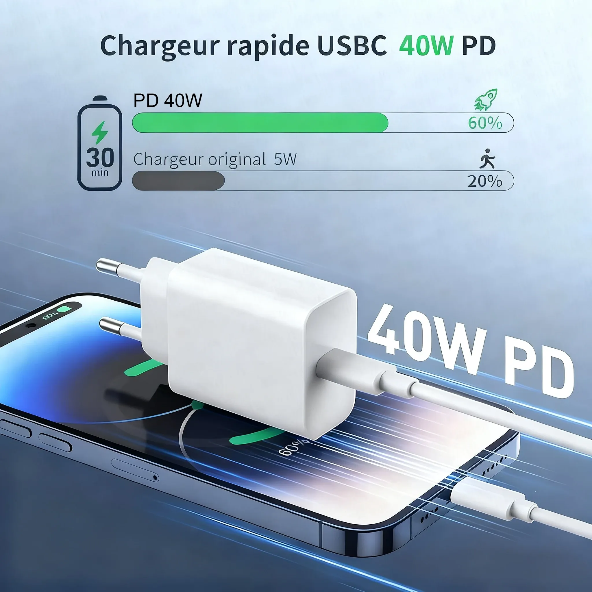 Ensemble chargeur rapide 40 W USB-C avec câble de données tressé Type-C pour iPhone 16, 15 Pro Max, Plus et iPad 4