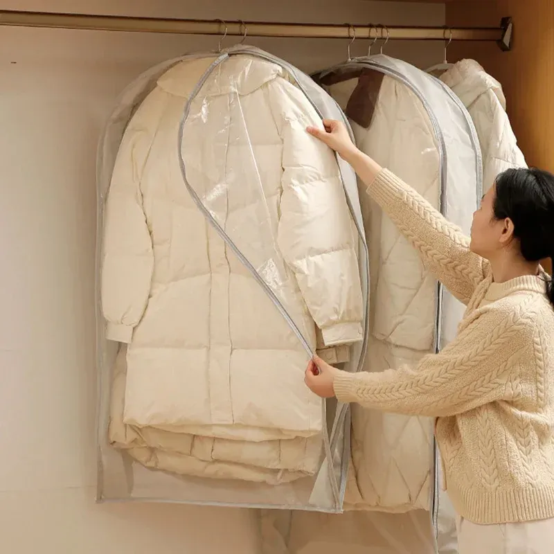 Sac de rangement suspendu à fermeture éclair pour vêtements et doudounes, avec compression d'air et protection anti-poussière, gain de place