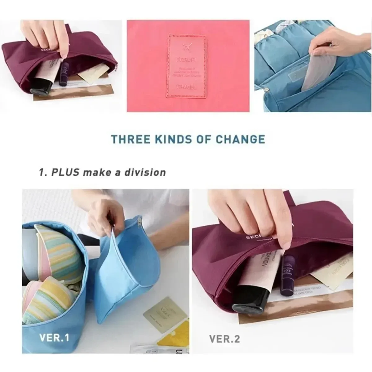 Sac de rangement de voyage portable multifonction pour soutien-gorge et sous-vêtements, avec trousse de toilette et cosmétiques 5