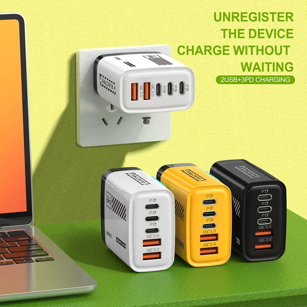 Chargeur mural USB C 5 ports à charge rapide 3.0, adaptateur PD compatible iPhone 17 Pro, Samsung et Xiaomi 6