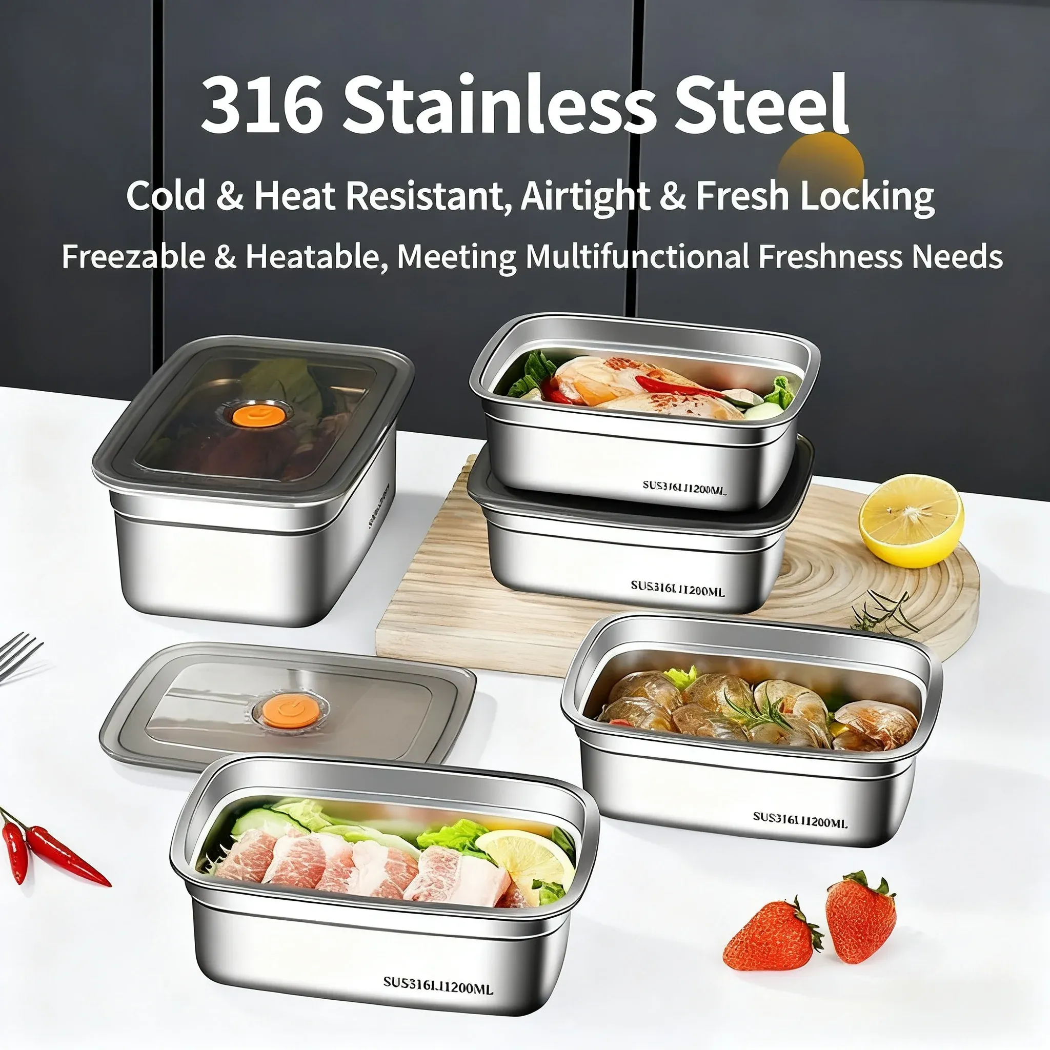 Boîte à lunch de camping en acier inoxydable, boîte bento étanche et hermétique, compatible micro-ondes, grande capacité, boîte de rangement pour réfrigérateur et congélateur 5