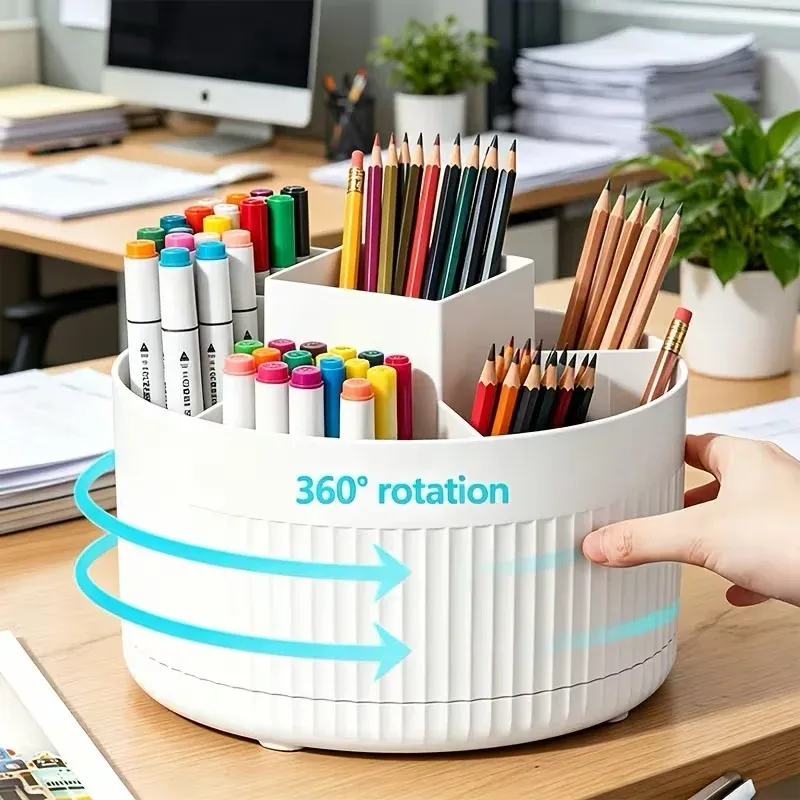 Organisateur de bureau rotatif à 360° avec tiroir, boîte de rangement en plastique à 5 compartiments – Porte-crayons multifonction - Image 1