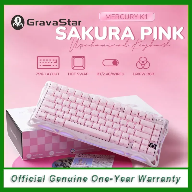 GravaStar Mercury K1 75% clavier mécanique de jeu sans fil rose en alliage d'aluminium, conception Exoskeleton, rétroéclairage RVB - Image 1