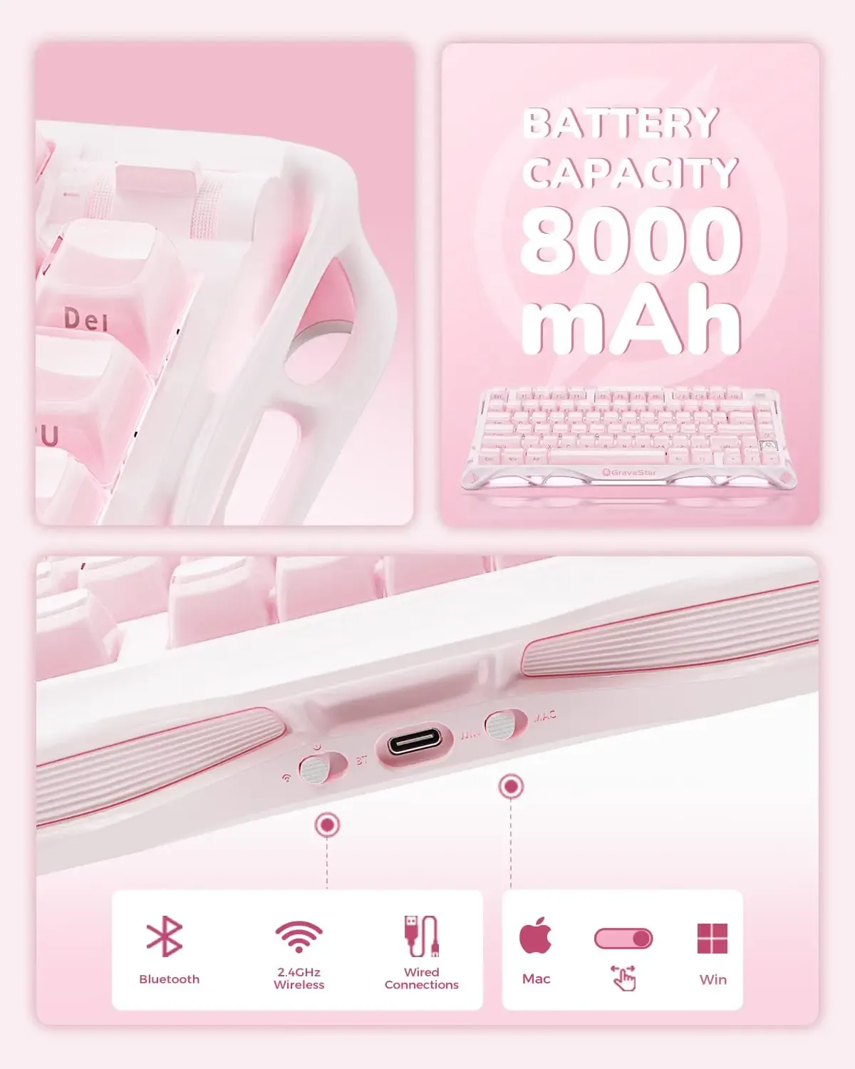 GravaStar Mercury K1 75% clavier mécanique de jeu sans fil rose en alliage d'aluminium, conception Exoskeleton, rétroéclairage RVB 4