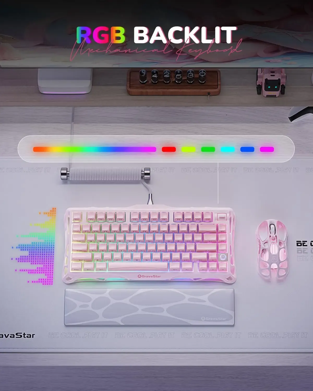 GravaStar Mercury K1 75% clavier mécanique de jeu sans fil rose en alliage d'aluminium, conception Exoskeleton, rétroéclairage RVB 5