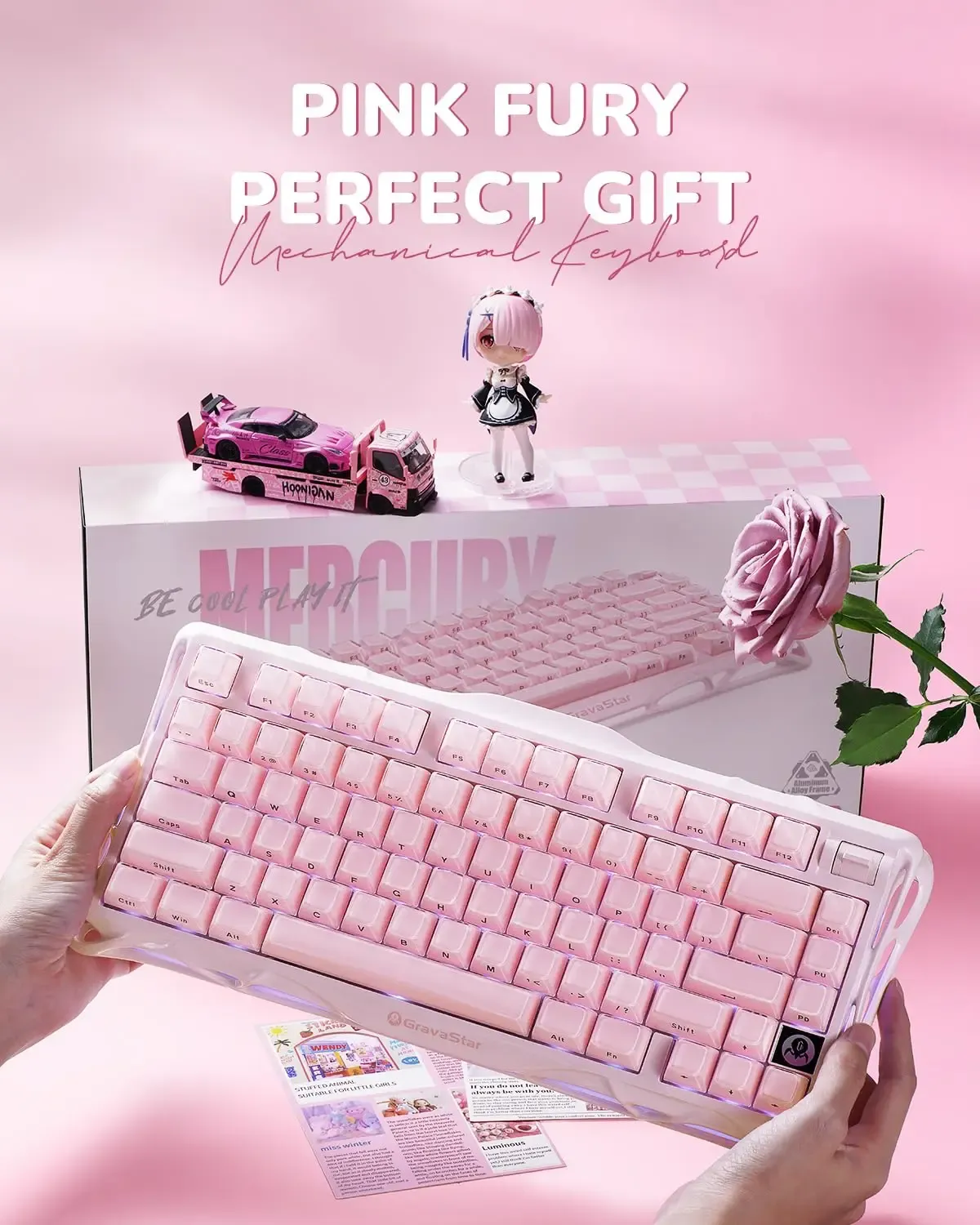 GravaStar Mercury K1 75% clavier mécanique de jeu sans fil rose en alliage d'aluminium, conception Exoskeleton, rétroéclairage RVB 6