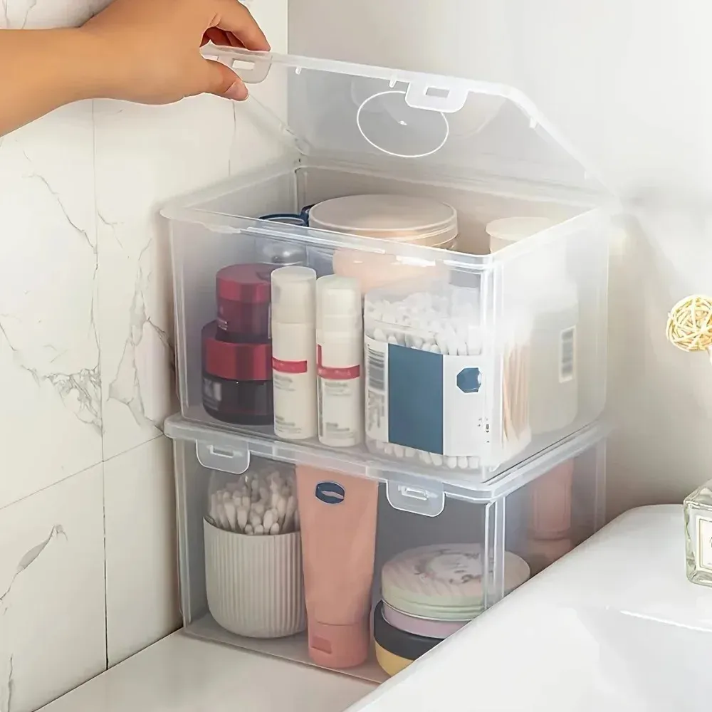 Grande boîte de rangement rectangulaire en plastique transparent, empilable, pour fournitures de bureau 3