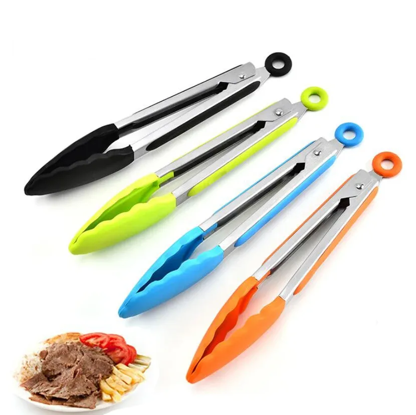 Pince alimentaire en silicone et acier inoxydable antidérapante, pince de cuisson pour barbecue et salades