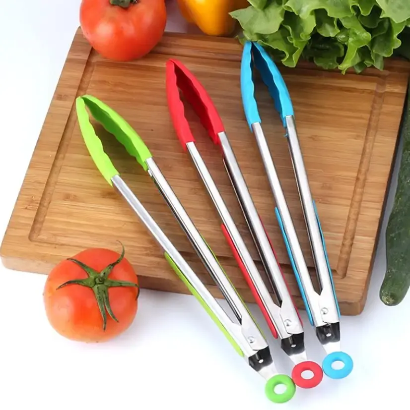Pince alimentaire en silicone et acier inoxydable antidérapante, pince de cuisson pour barbecue et salades 2
