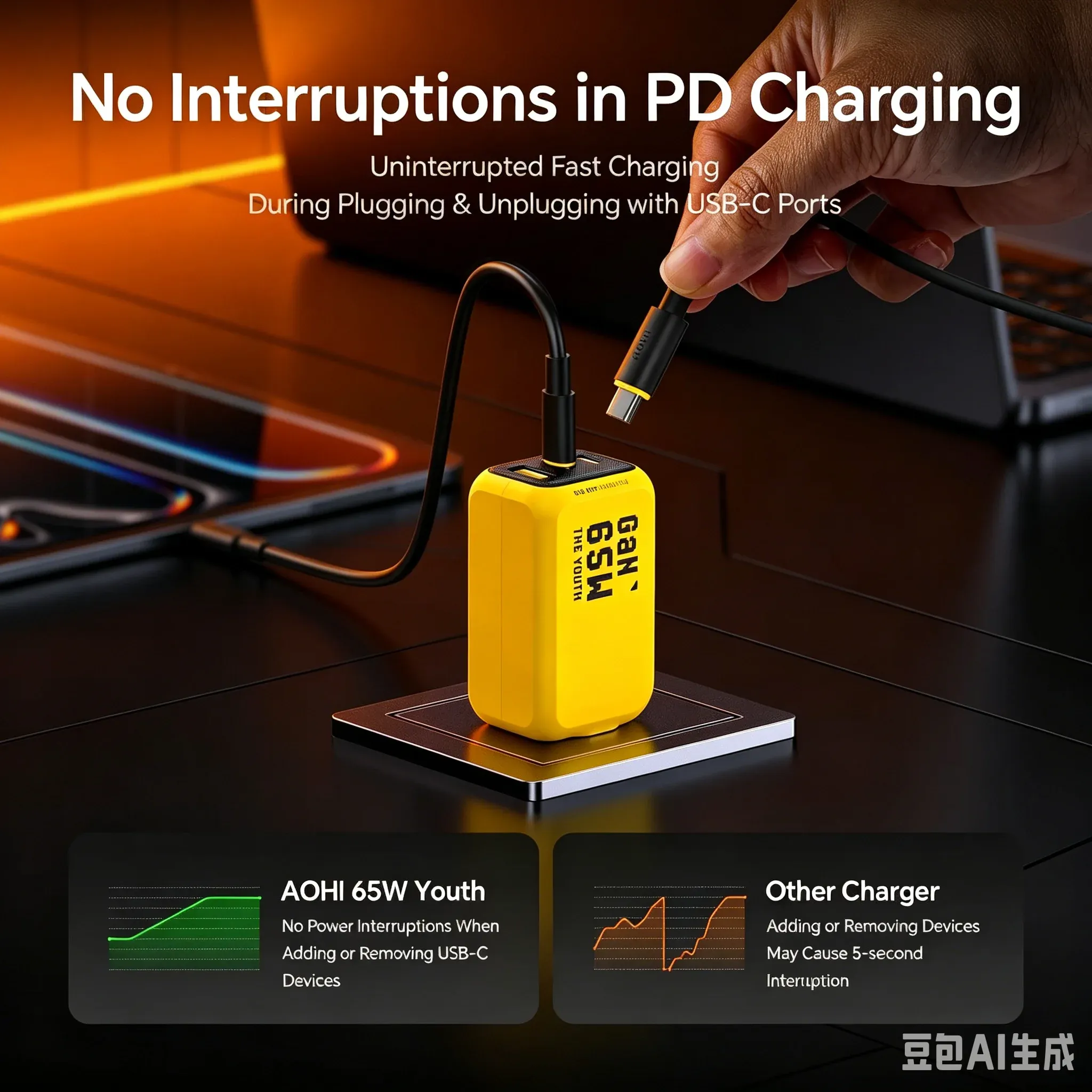 Chargeur GaN AOHI THE YOUTH 65 W Type-C PD à 3 ports, compatible QC 4.0, pour iPhone, ordinateur portable et tablette 4