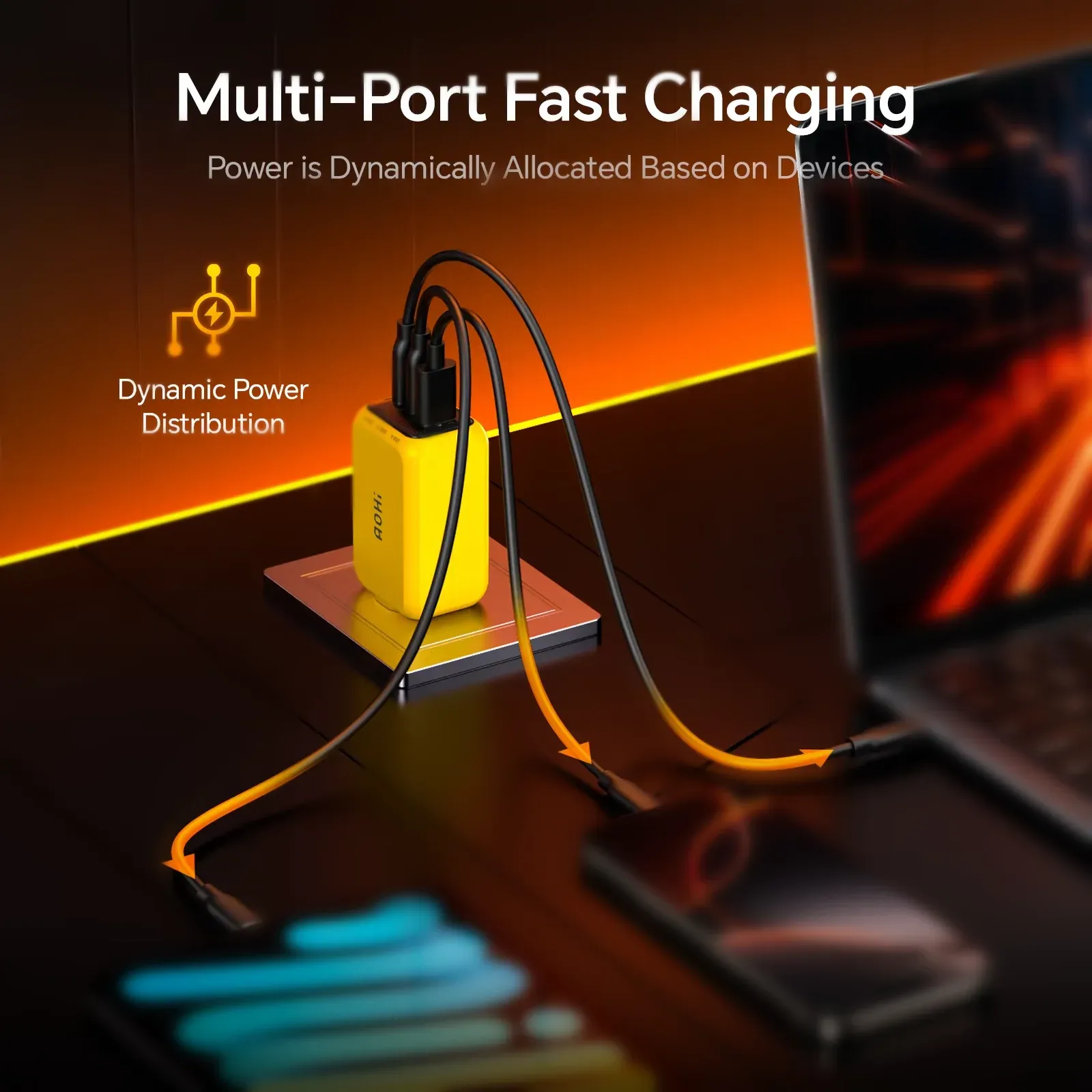 Chargeur GaN AOHI THE YOUTH 65 W Type-C PD à 3 ports, compatible QC 4.0, pour iPhone, ordinateur portable et tablette 5