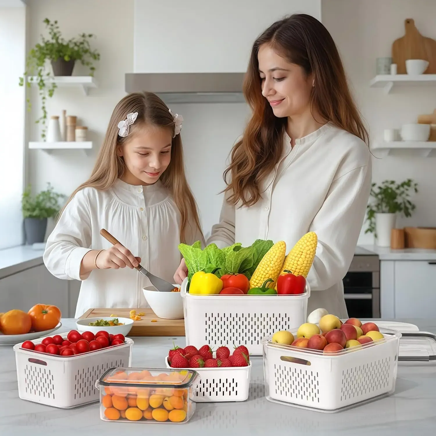 Conteneur de conservation pour réfrigérateur avec bol de lavage amovible et passoire, pour fruits, baies et laitue 2