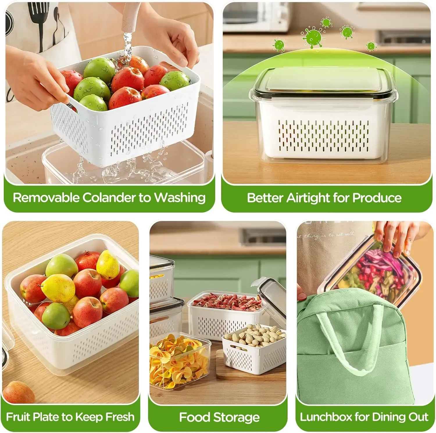 Conteneur de conservation pour réfrigérateur avec bol de lavage amovible et passoire, pour fruits, baies et laitue 6