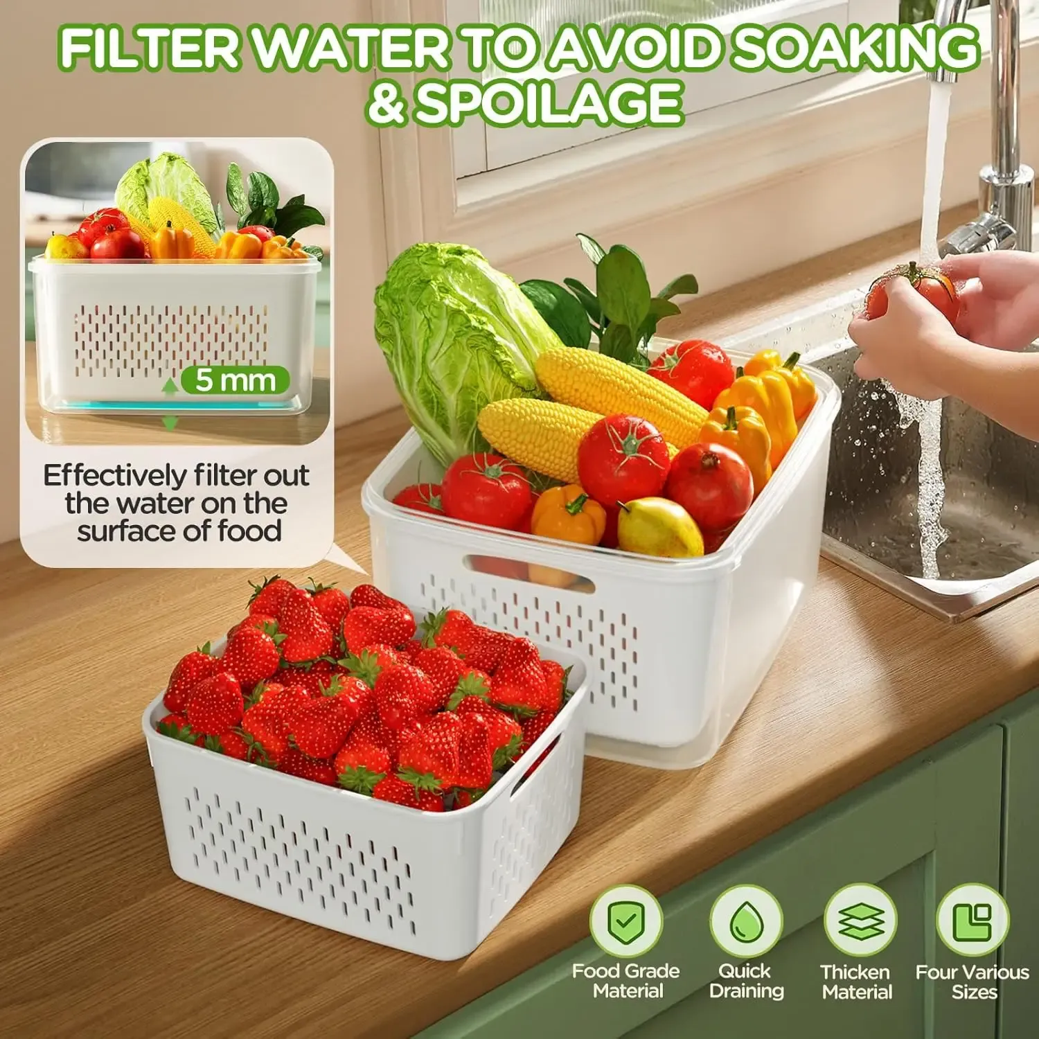 Bol de lavage amovible avec passoire pour fruits et légumes