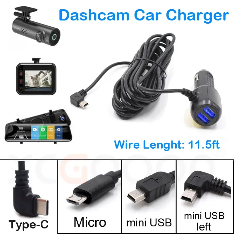 Câble d'alimentation pour caméra DVR de tableau de bord, chargeur allume-cigare 12-24 V, connecteurs Mini USB, Micro USB et USB-C, longueur 11,5 pieds (3,5 m)