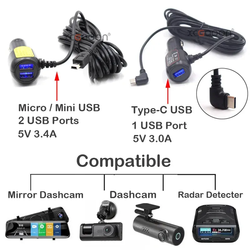 Câble d'alimentation pour caméra DVR de tableau de bord, chargeur allume-cigare 12-24 V, connecteurs Mini USB, Micro USB et USB-C, longueur 11,5 pieds (3,5 m) 2