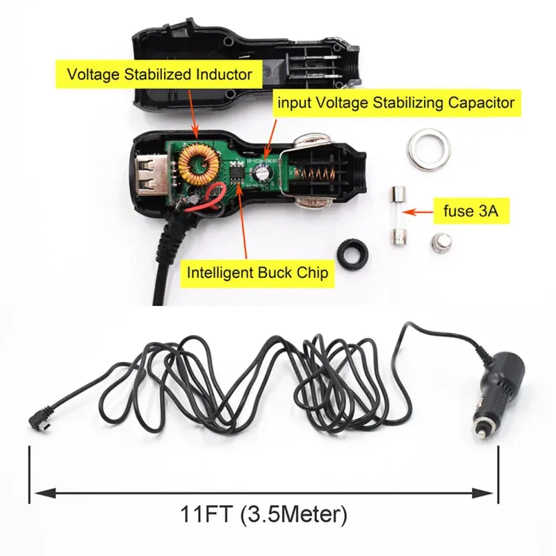Câble d'alimentation pour caméra DVR de tableau de bord, chargeur allume-cigare 12-24 V, connecteurs Mini USB, Micro USB et USB-C, longueur 11,5 pieds (3,5 m) 6