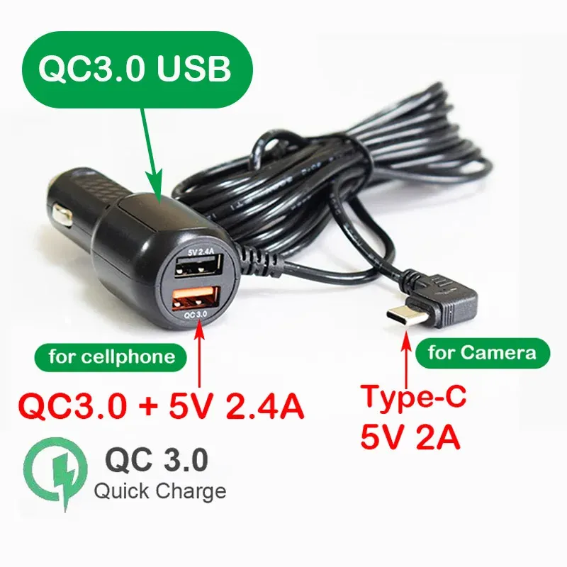 Câble d'alimentation pour caméra DVR de tableau de bord, chargeur allume-cigare 12-24 V, connecteurs Mini USB, Micro USB et USB-C, longueur 11,5 pieds (3,5 m) 9