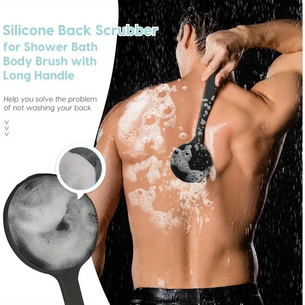 Brosse de douche en silicone à long manche pour le dos, exfoliante et massante, à poils souples double face 3