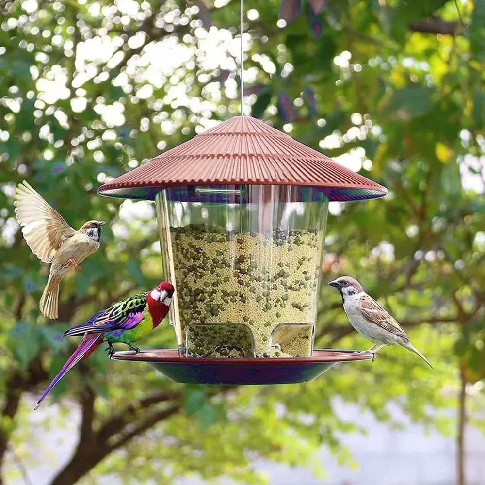 Mangeoire automatique à oiseaux à suspendre, belvédère de jardin extérieur, distributeur de nourriture pour oiseaux sauvages 3