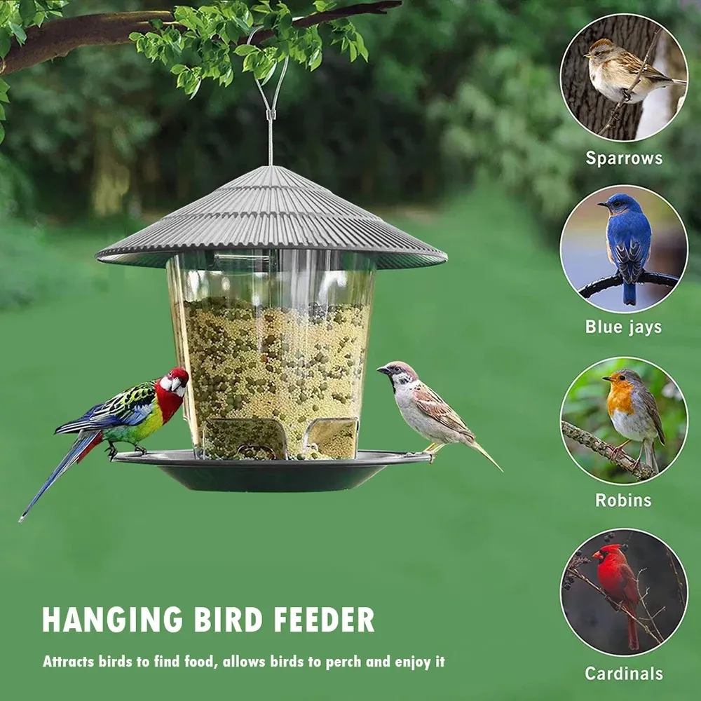 Mangeoire automatique à oiseaux à suspendre, belvédère de jardin extérieur, distributeur de nourriture pour oiseaux sauvages 5