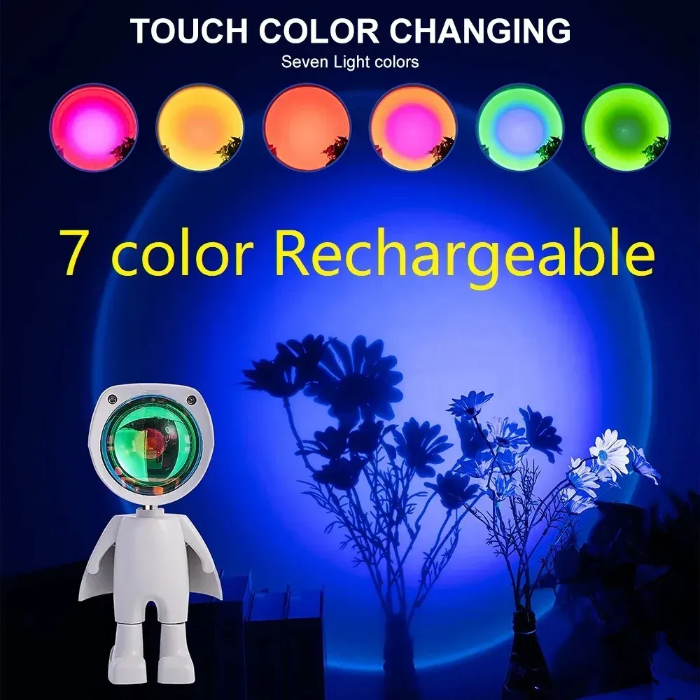 GGbingo Projecteur Arc-en-ciel Robot Astronaute Rechargeable, Lampe de Table Coucher de Soleil, Veilleuse à Intensité Variable pour Ambiance Chambre 8