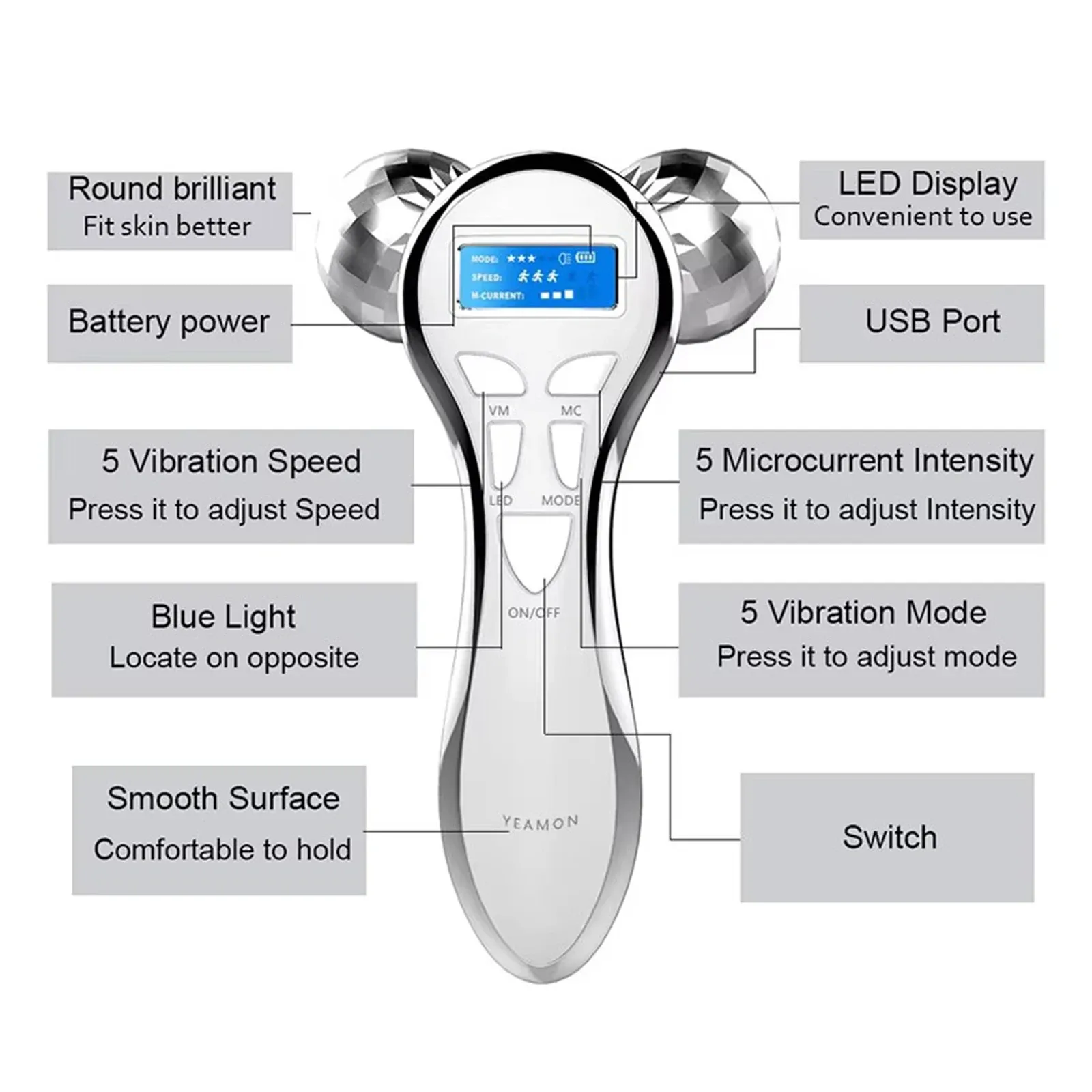 Rouleau de massage du visage 4D EMS, à vibration et microcourant, appareil de massage liftant en V, outil de soin de beauté pour le cou, les yeux et le corps 3