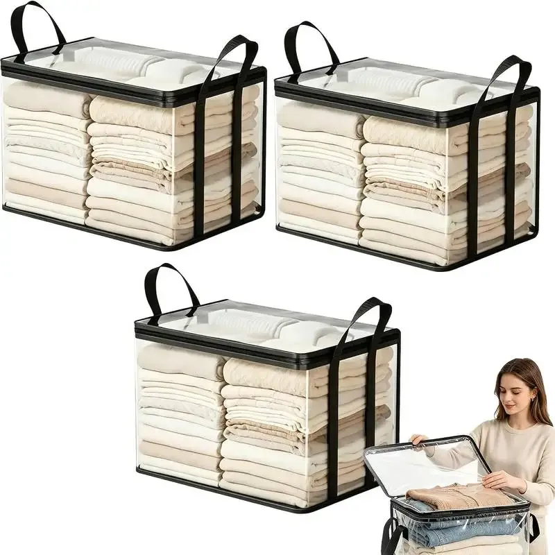 Organisation de placard avec boîtes de rangement transparentes