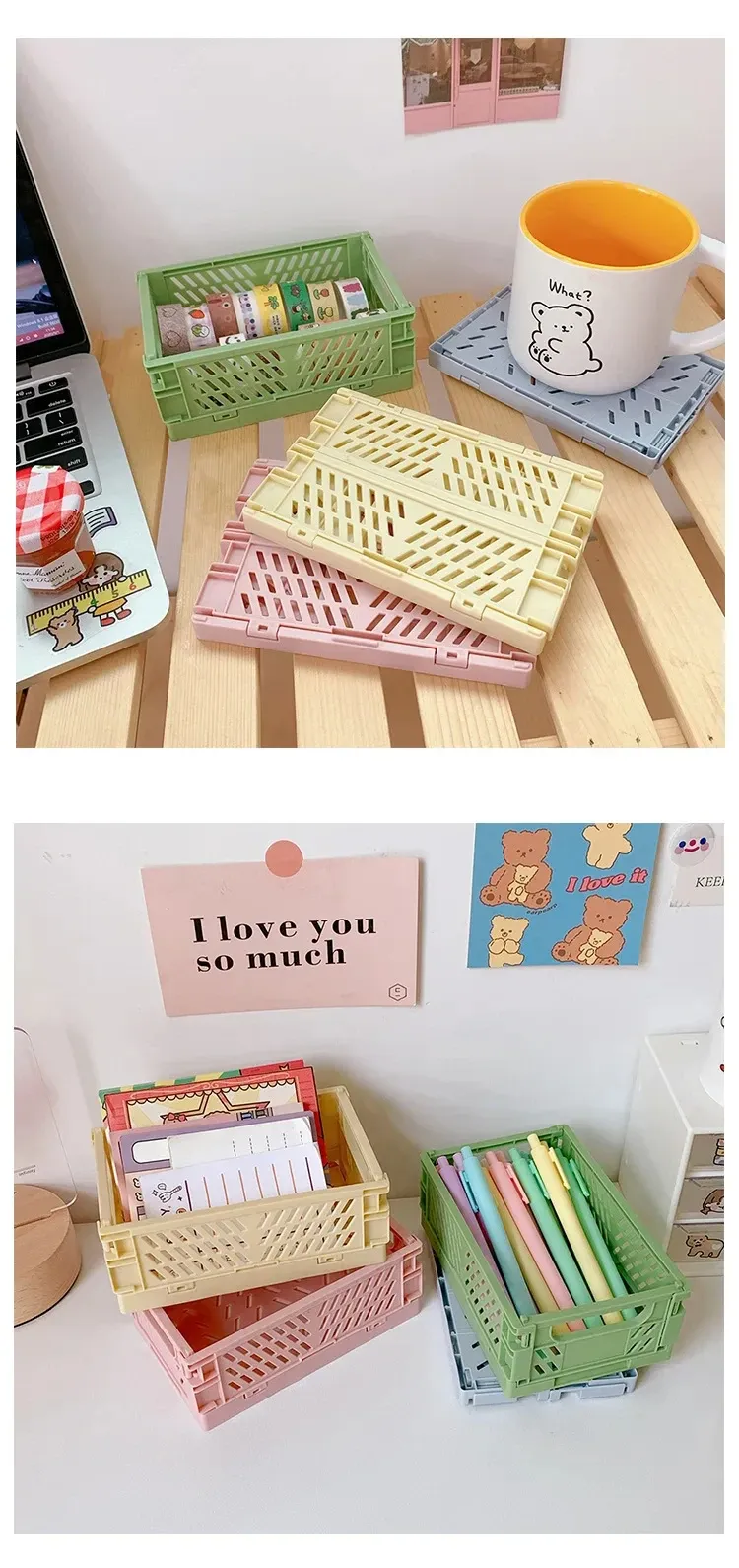 Paniers de rangement colorés présentés sur un bureau