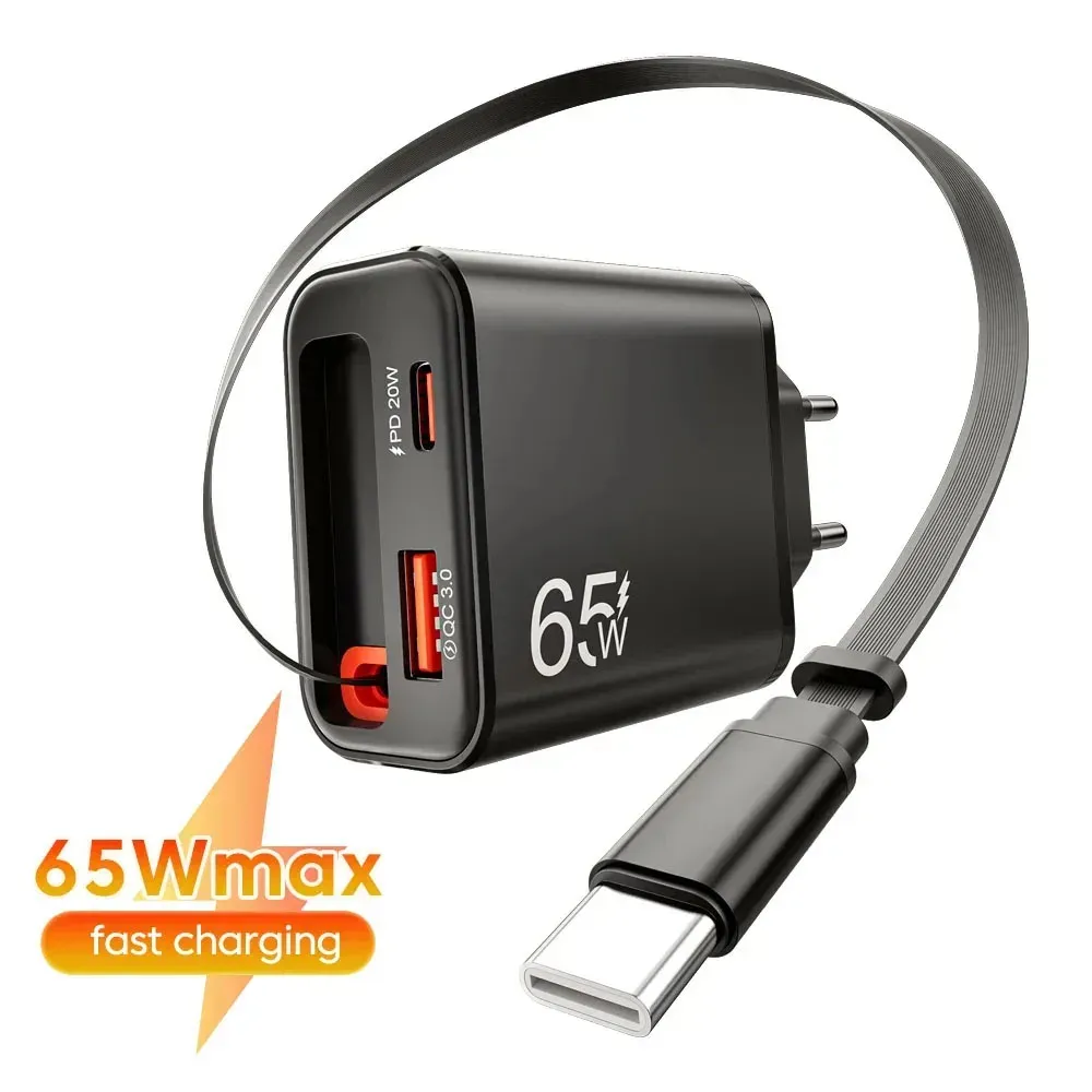 Chargeur USB-C 65 W avec câble USB-C rétractable, compatible iPhone, Samsung et Xiaomi