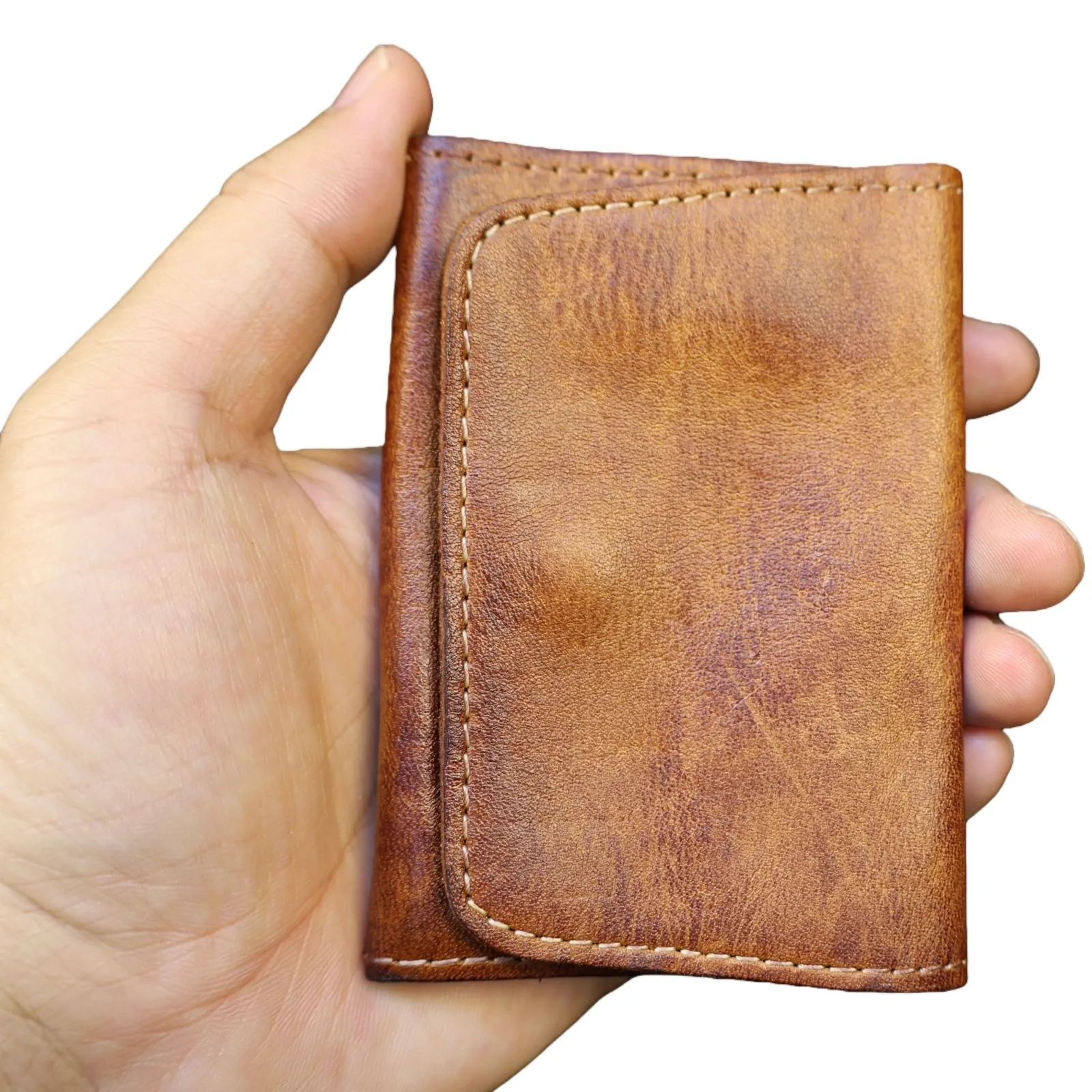 Portefeuille court en cuir de vachette véritable, fait main, style vintage, pour homme et femme, compact avec porte-cartes et porte-monnaie 2