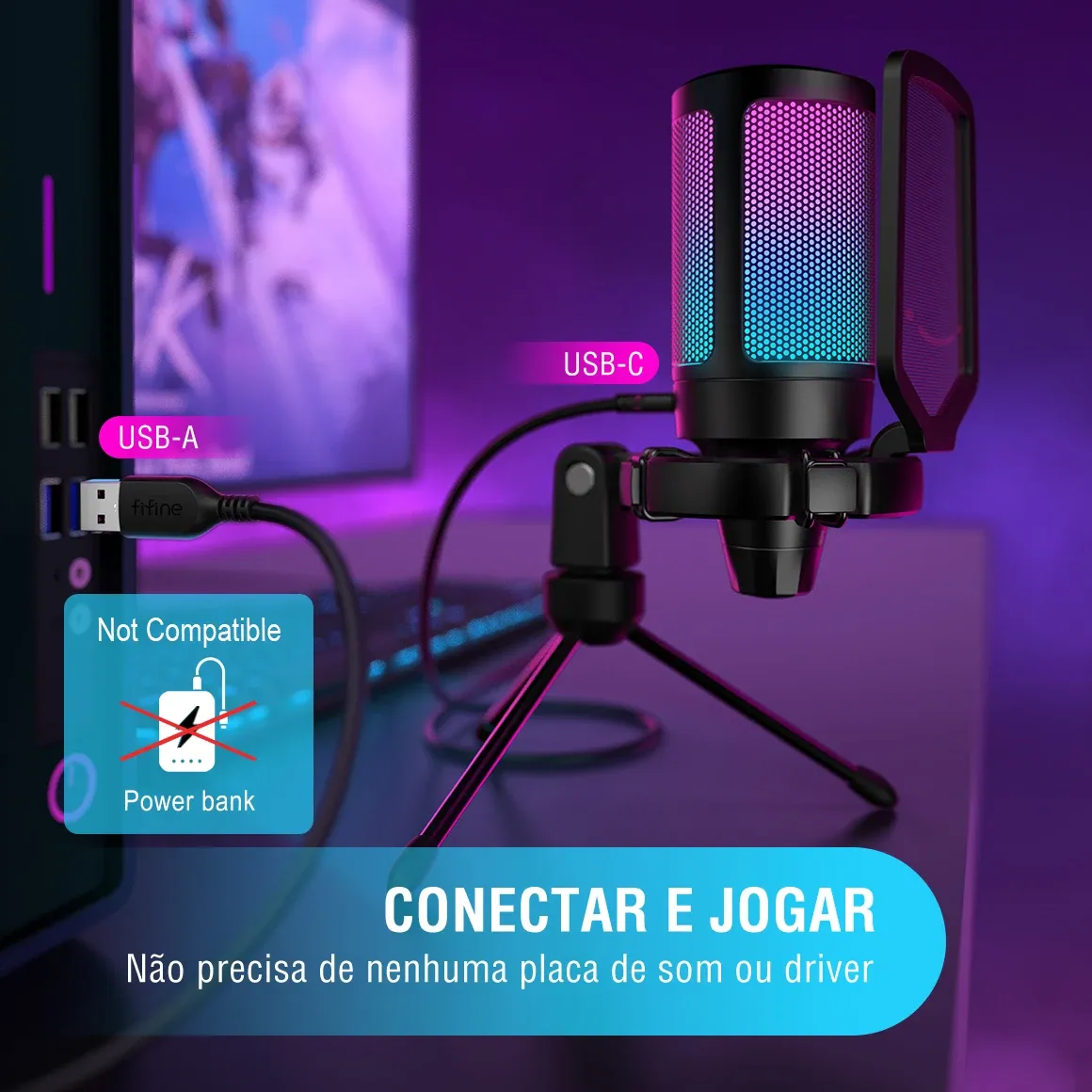 FIFINE Microphone USB à condensateur pour jeu vidéo, compatible PC, PS4, PS5 et Mac, avec support anti-choc et contrôle du gain, Ampligame A6V 2