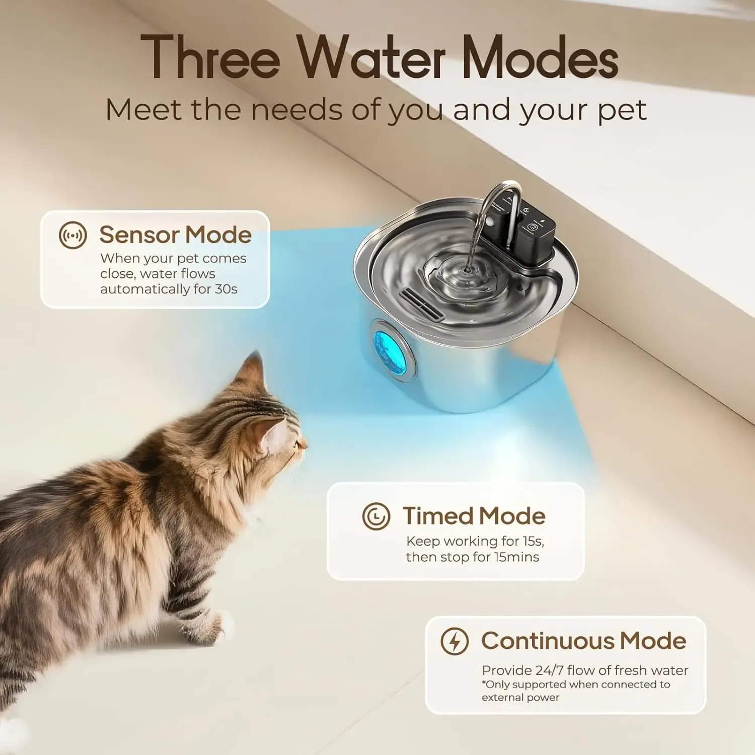 Fontaine à eau automatique pour chat en acier inoxydable 3 L, avec capteur sans fil 2