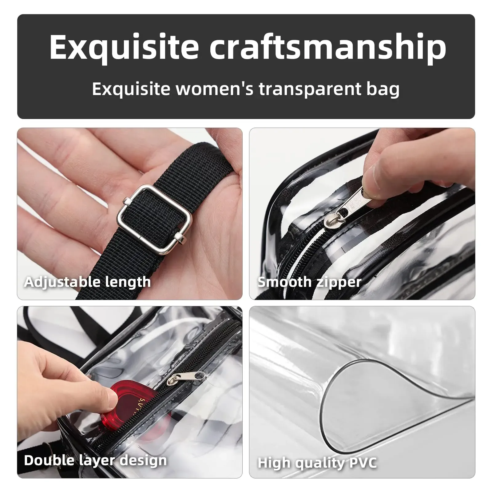 Sac bandoulière transparent en PVC pour femme, conforme aux règlements des stades, avec poche avant 3