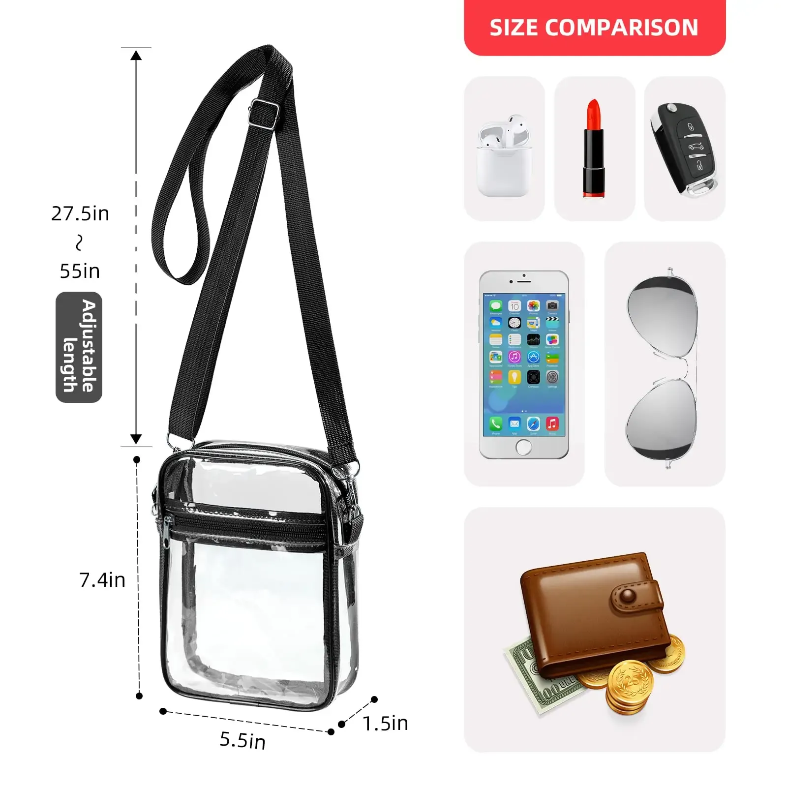 Sac bandoulière transparent en PVC pour femme, conforme aux règlements des stades, avec poche avant 4