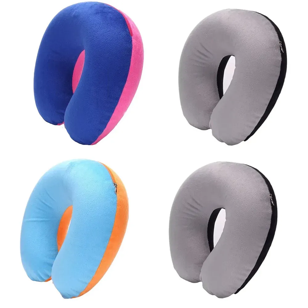 Oreiller de voyage gonflable en PVC pour voiture et avion, appui-tête et soutien de cou en peluche douce, lot de 1 à 4 pièces 28