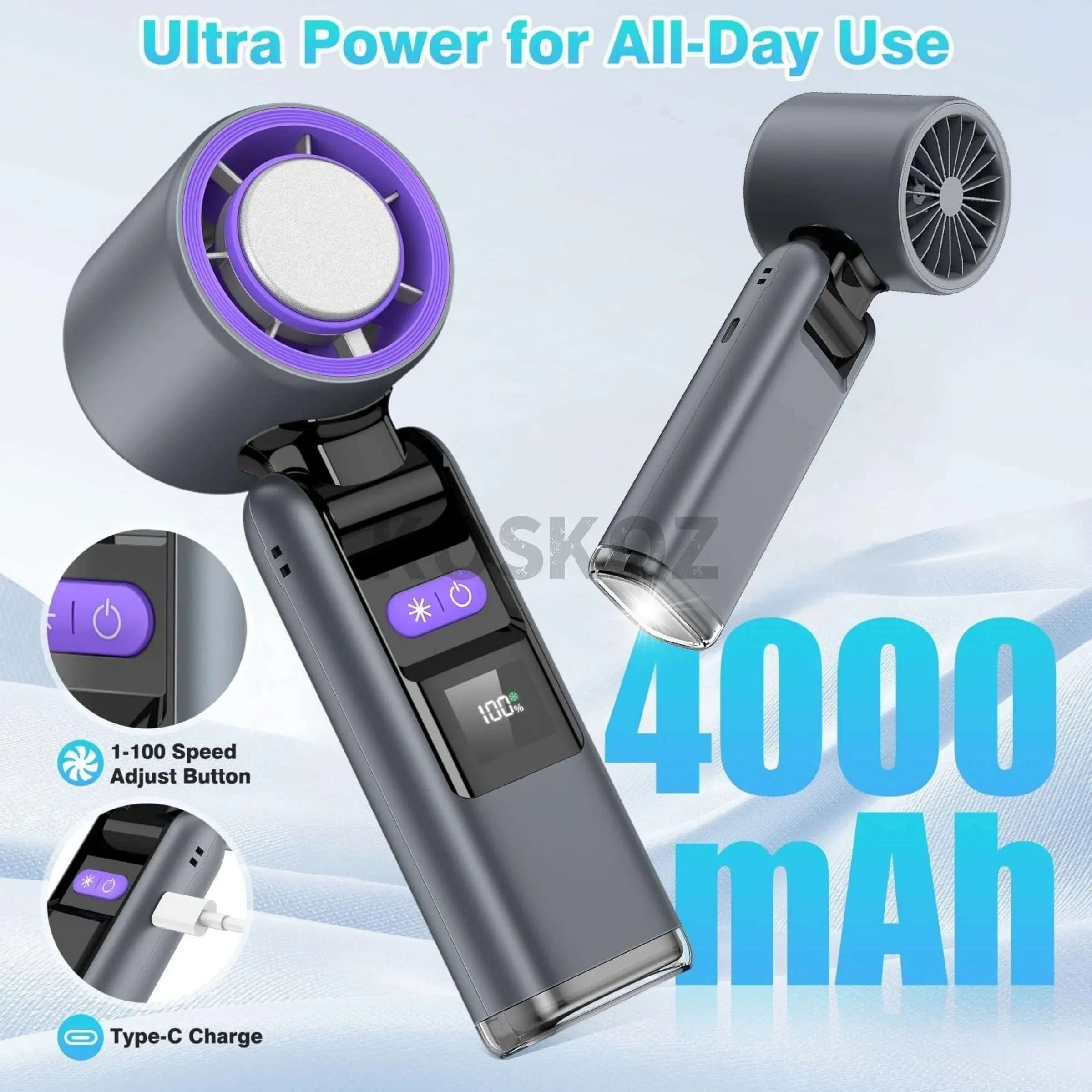 Ventilateur portable rechargeable 4000 mAh à 5 vitesses avec lampe torche, idéal pour les voyages 4