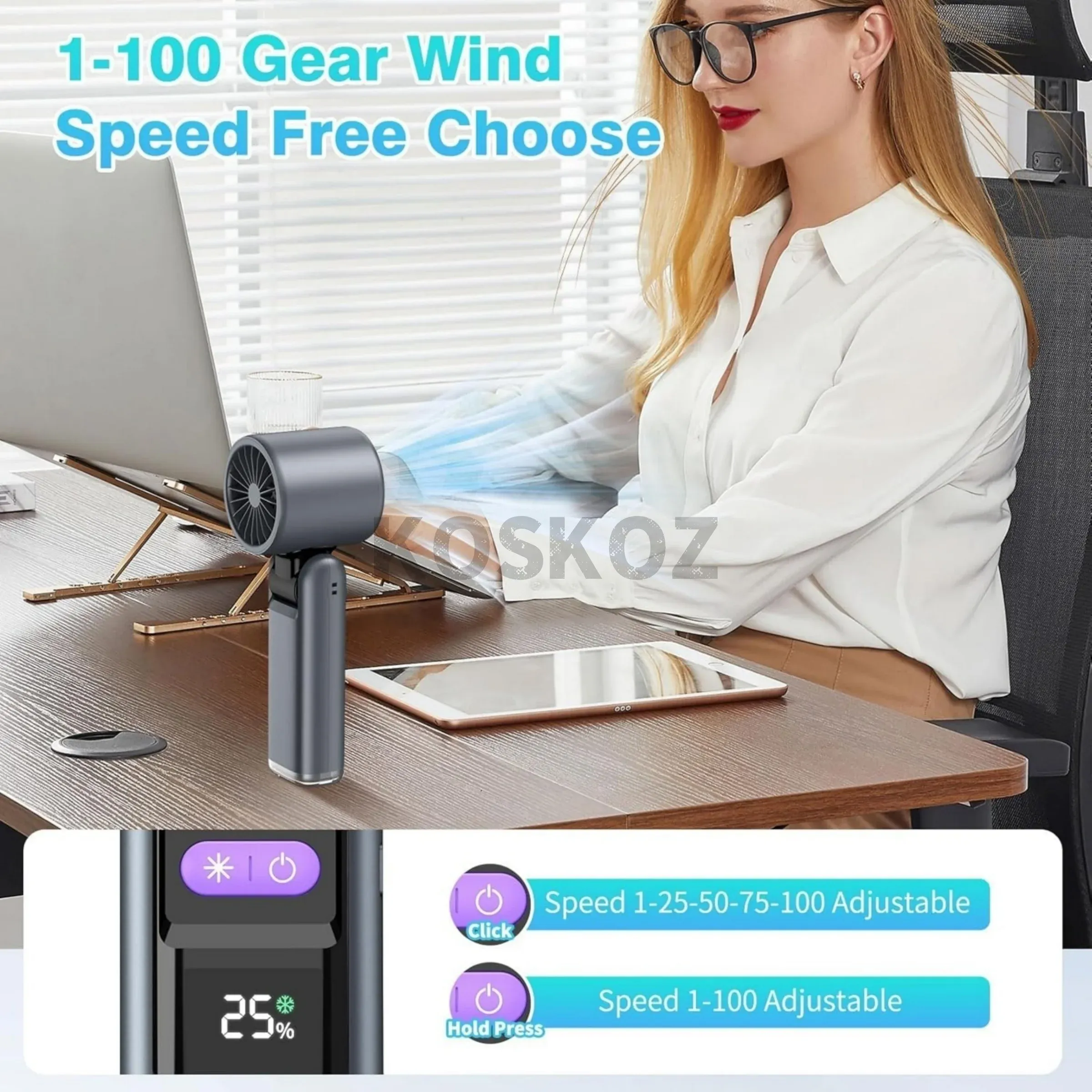 Ventilateur portable rechargeable 4000 mAh à 5 vitesses avec lampe torche, idéal pour les voyages 6