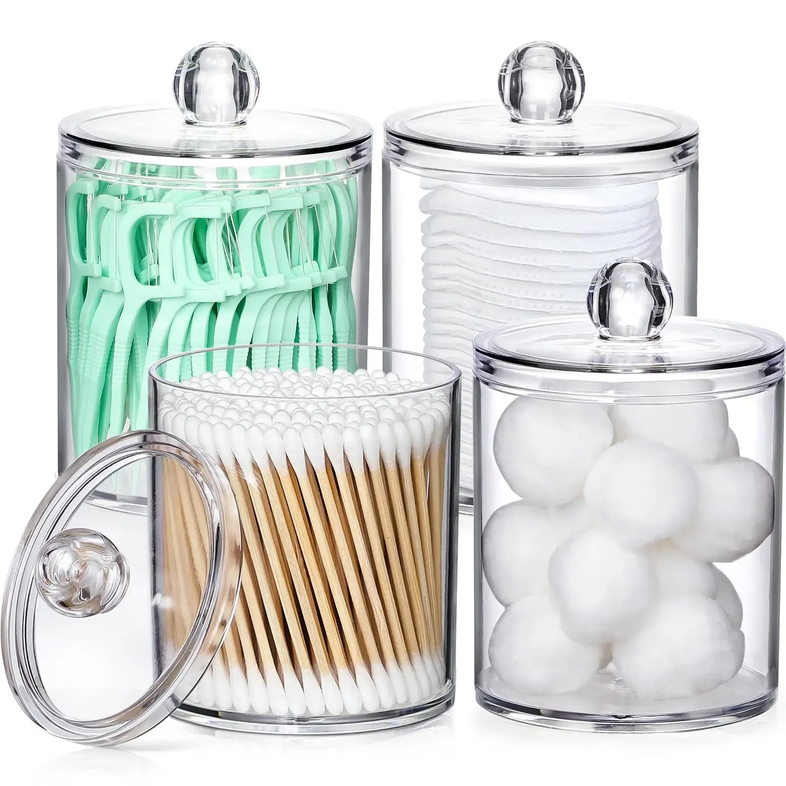 Lot de 4 distributeurs en acrylique pour cotons-tiges, cotons et fil dentaire, petits organisateurs de maquillage transparents 9